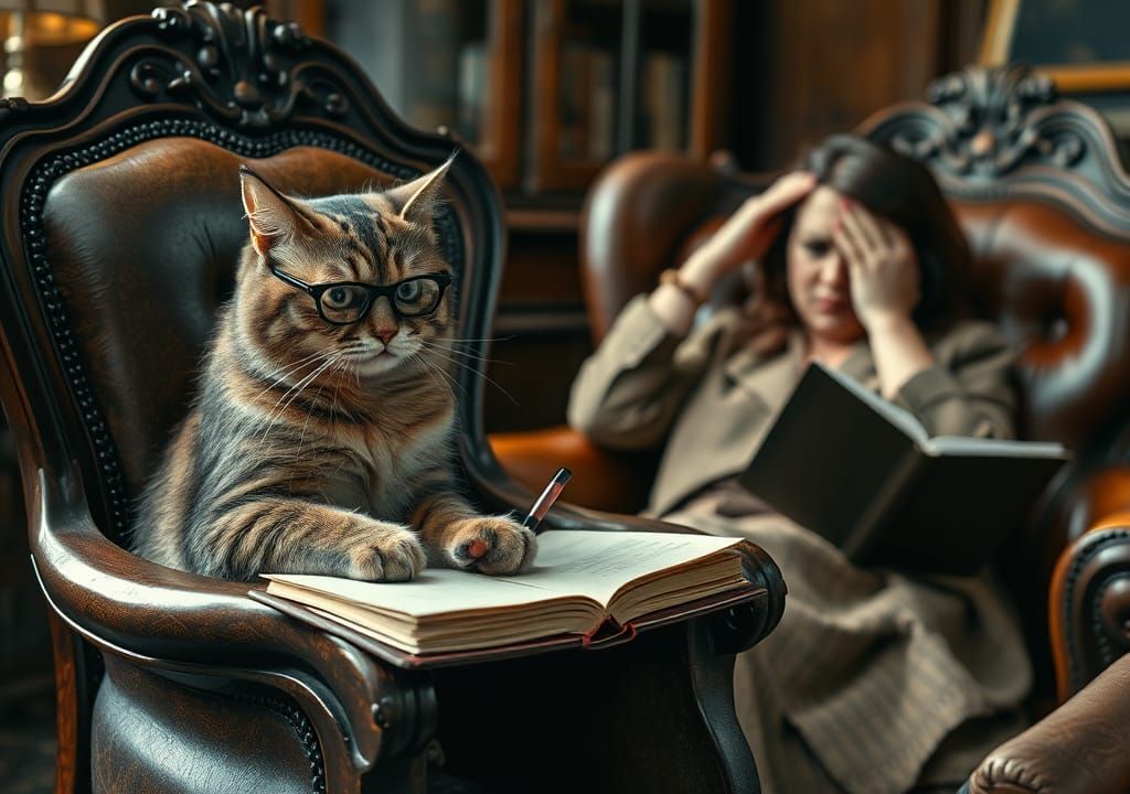 Photorealistic Cat Psychiatrist in Ornate Setting