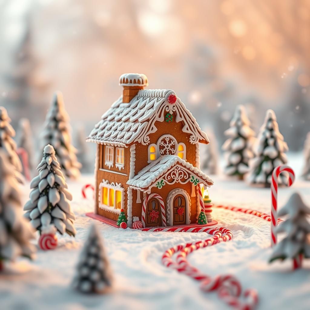 Gingerbread House in Winter Wonderland with Candy Canes