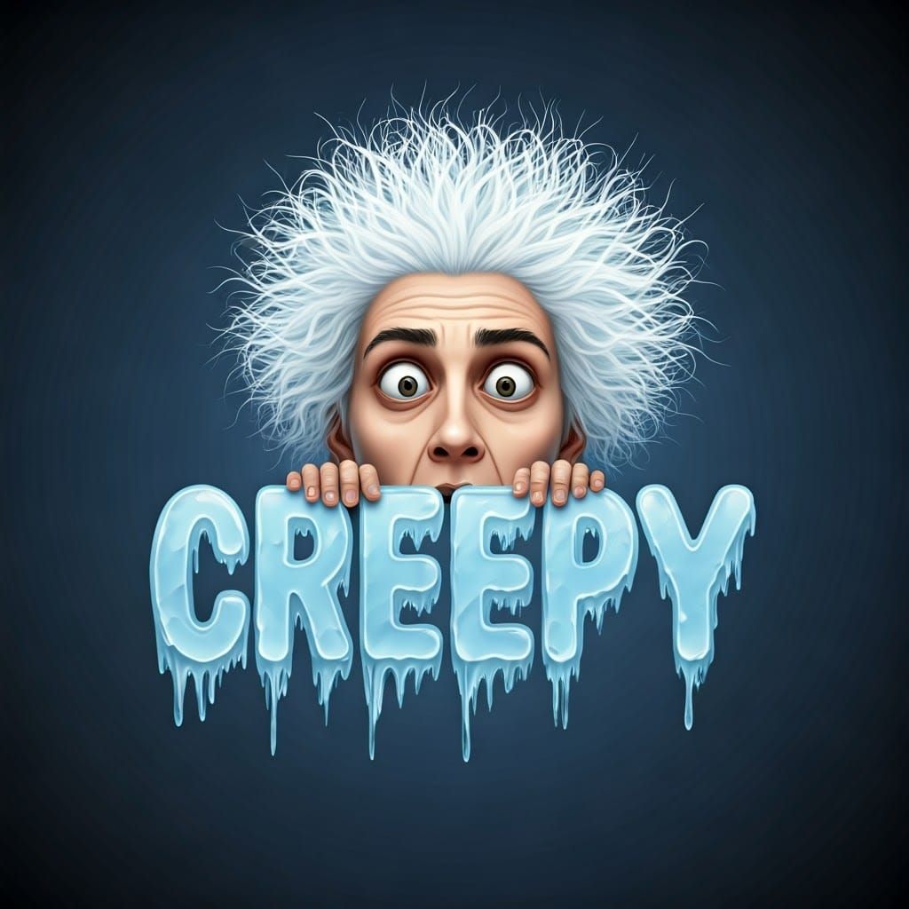 The word “CREEPY” in neon ICE BLUE liquid font where the letters appear to be made of water, using flowing shapes and tr...