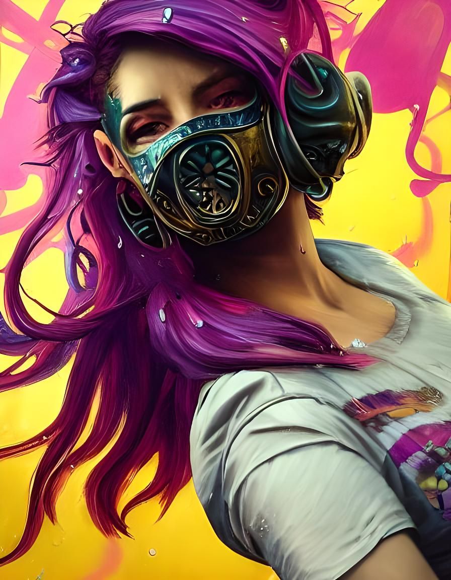 Sad Cyborg Girl with Rainbow Hair, Hyperrealistic Portrait