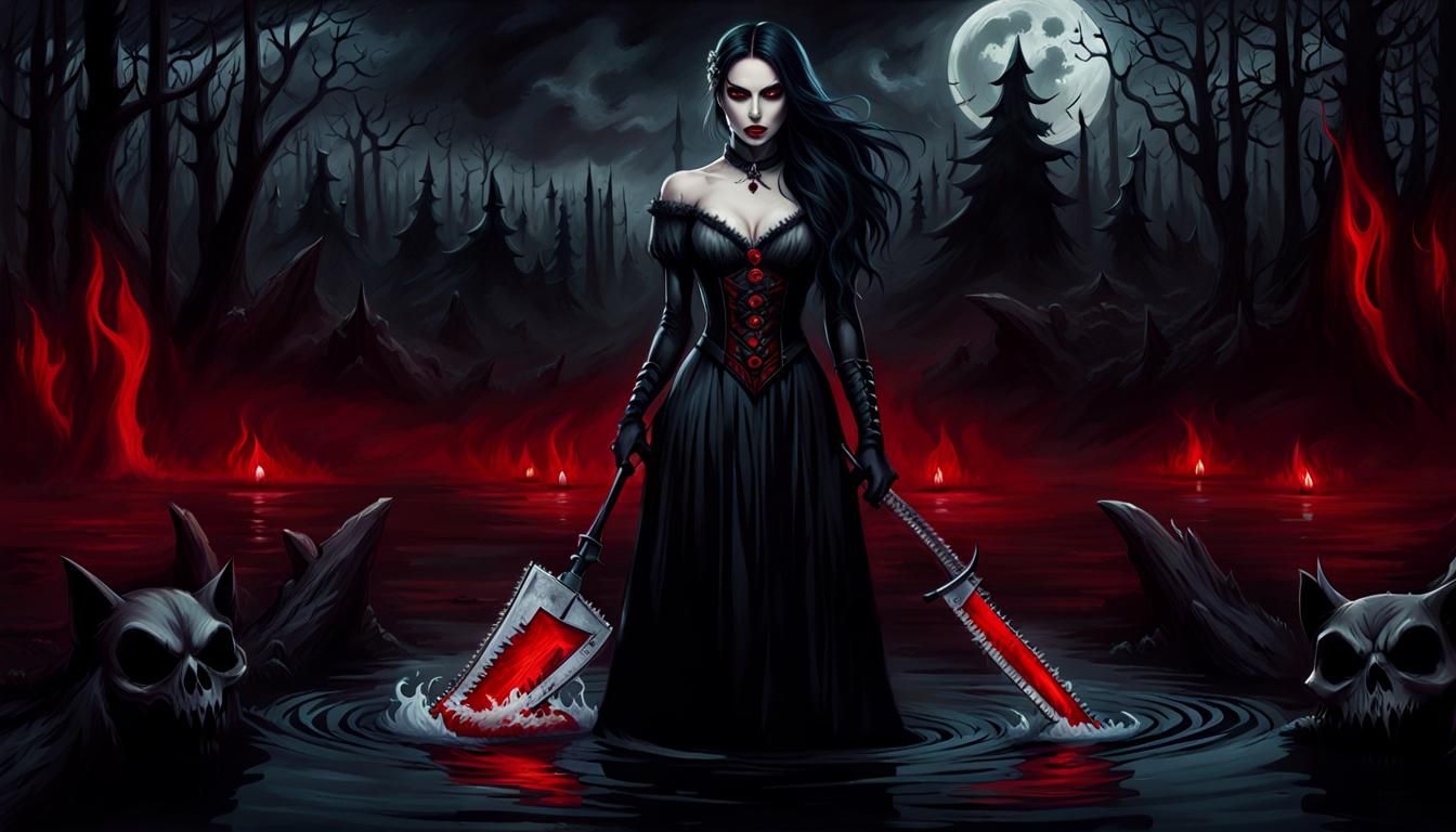 Gothic Vampire with Chainsaw in Dark Swamp