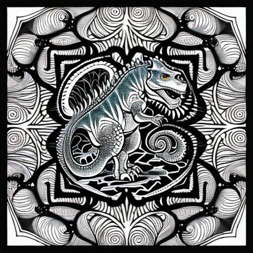 Fractal Dinosaur in Op Art Zeppelin Dinner Scene