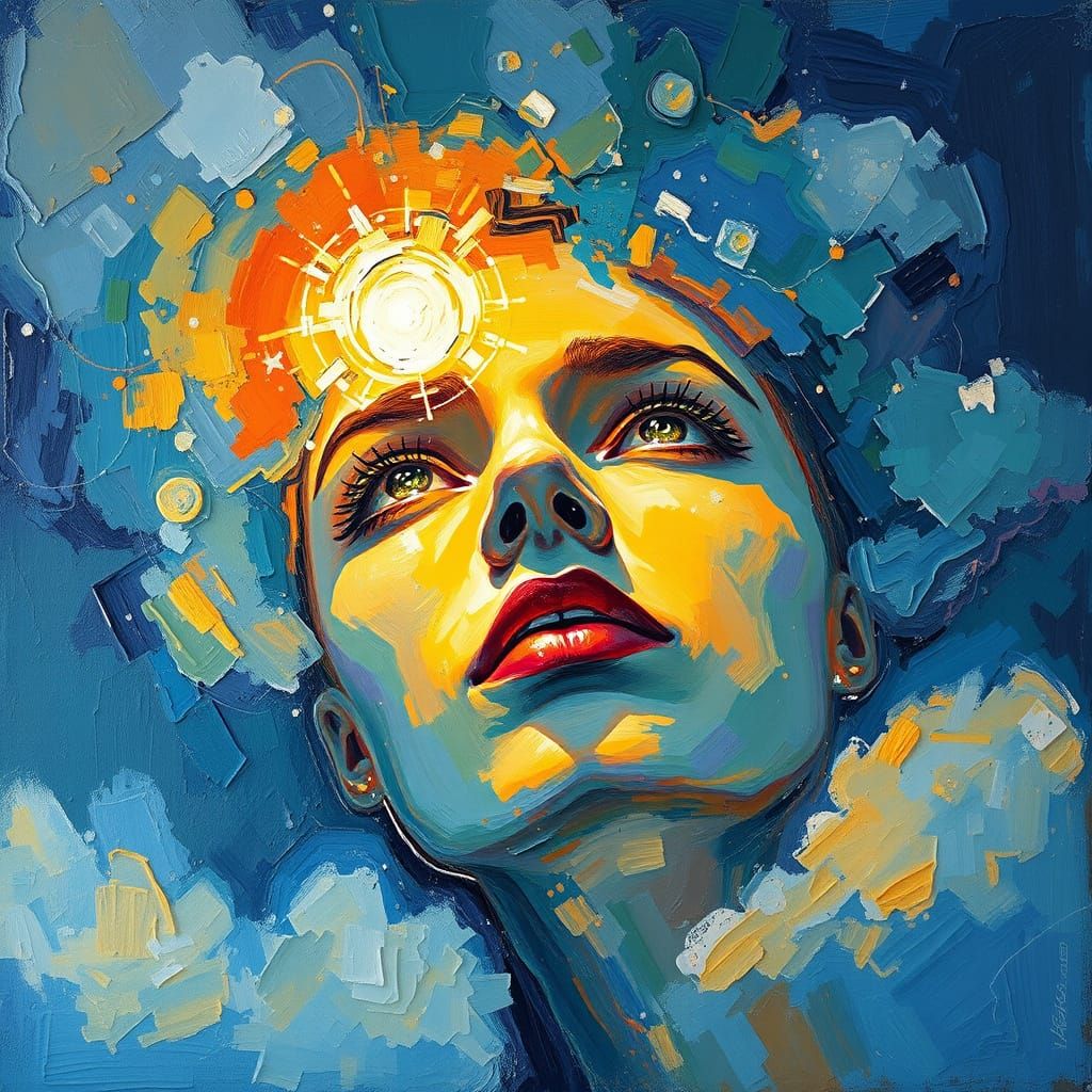 Neo-Impressionist Face Illuminated by Celestial Light