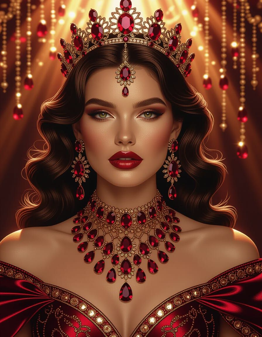 Regal Figure Adorned in Ruby Jewelry, Hyperrealistic Paintin...