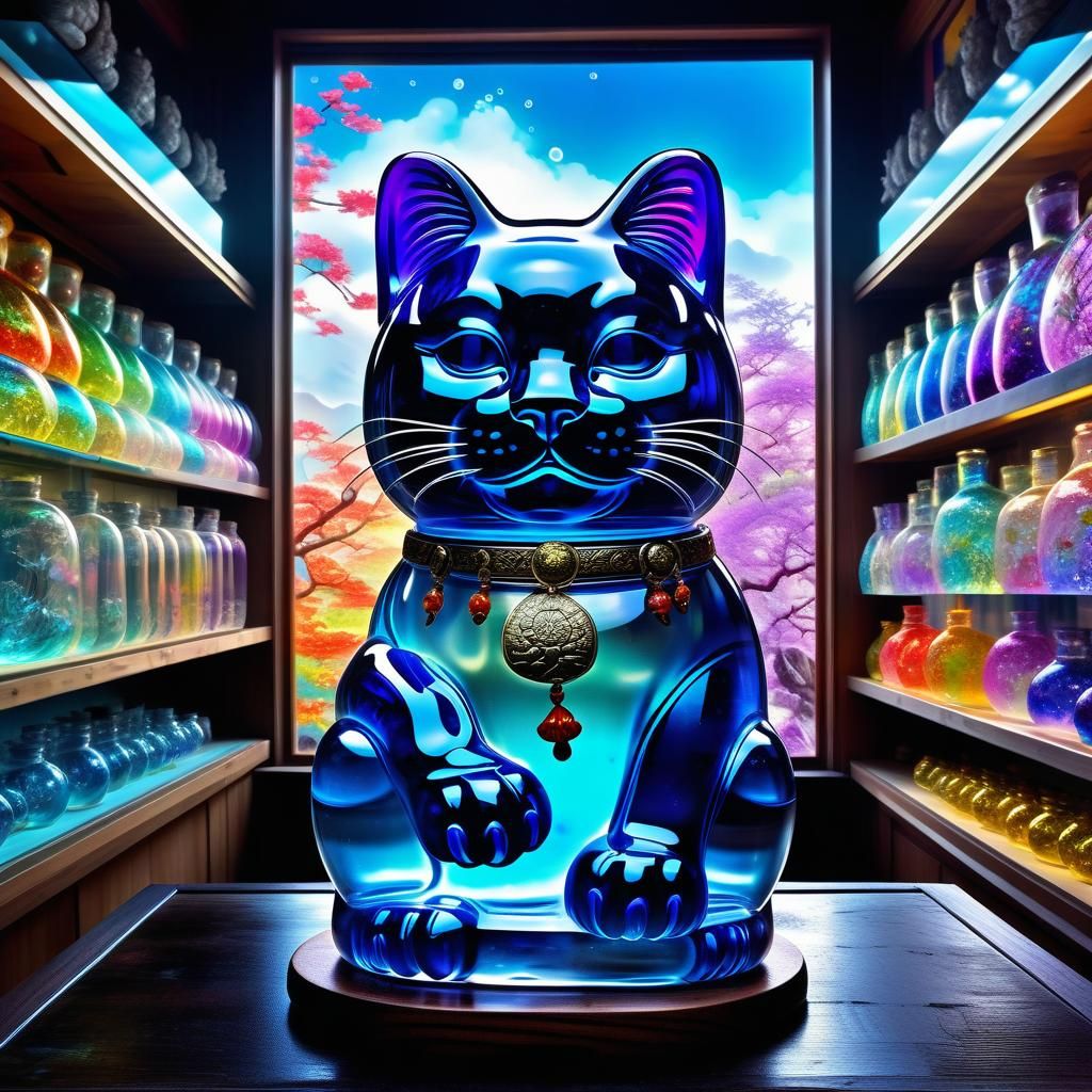 Bioluminescent Maneki-neko in Japanese Dreamscape