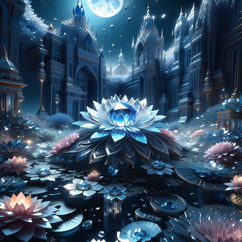 Luminous Moon Crystal Flower Digital Painting