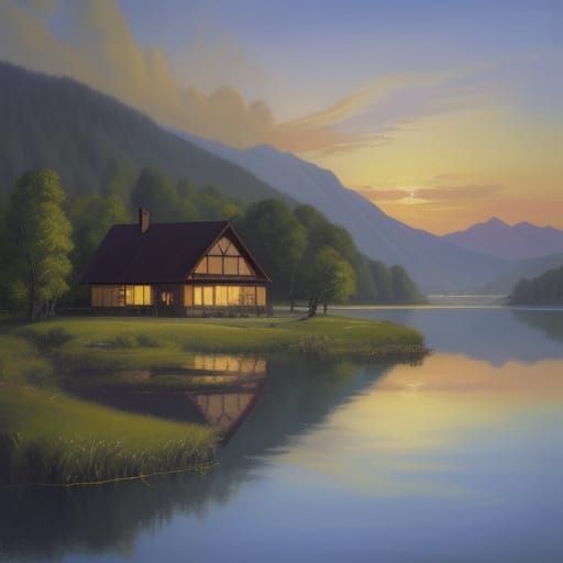 Lake House Sunset Scene as Oil Painting