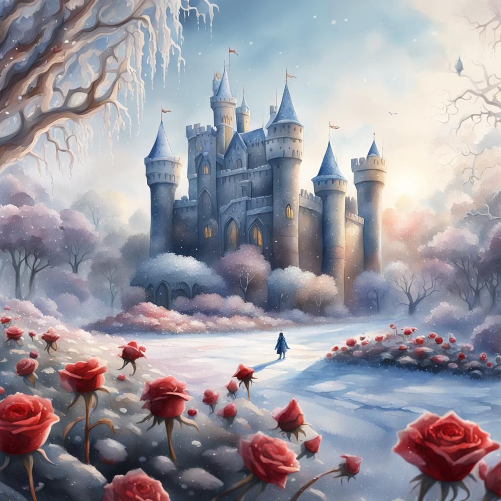Frosty Rose Garden Watercolor Illustration with Castle