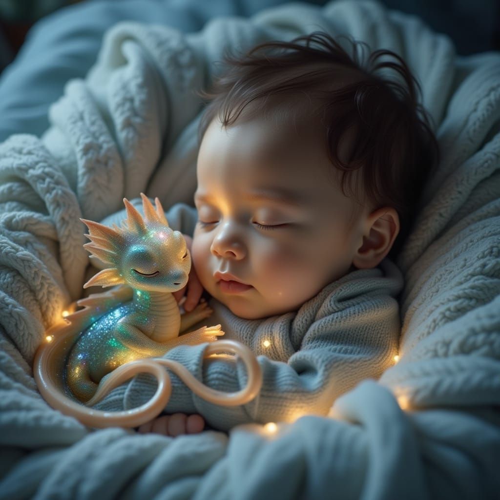 Infant and Dragon in Serene Fantasy Art