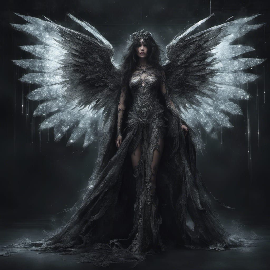 Magnificent Dark Angel with Bioluminescent Wings