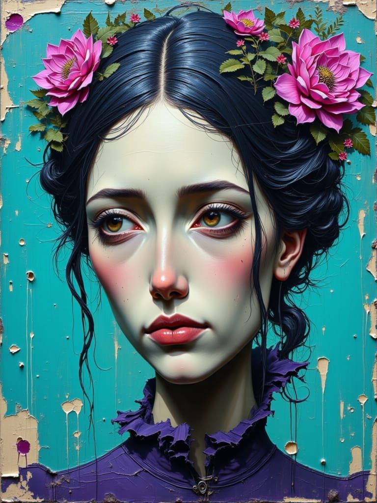 Intense Gaze: Girl in Turquoise and Purple Hues