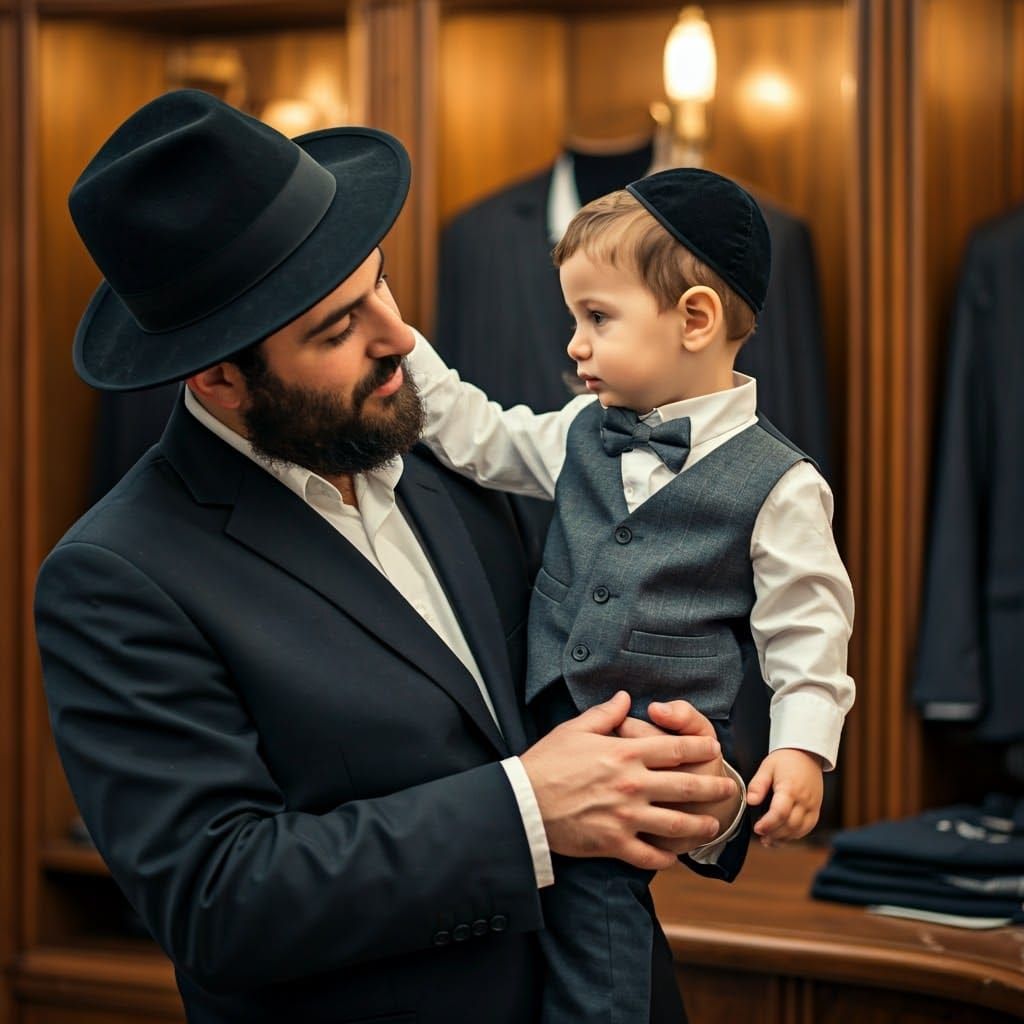 Father and Son in Suit Shop, Film Noir Style