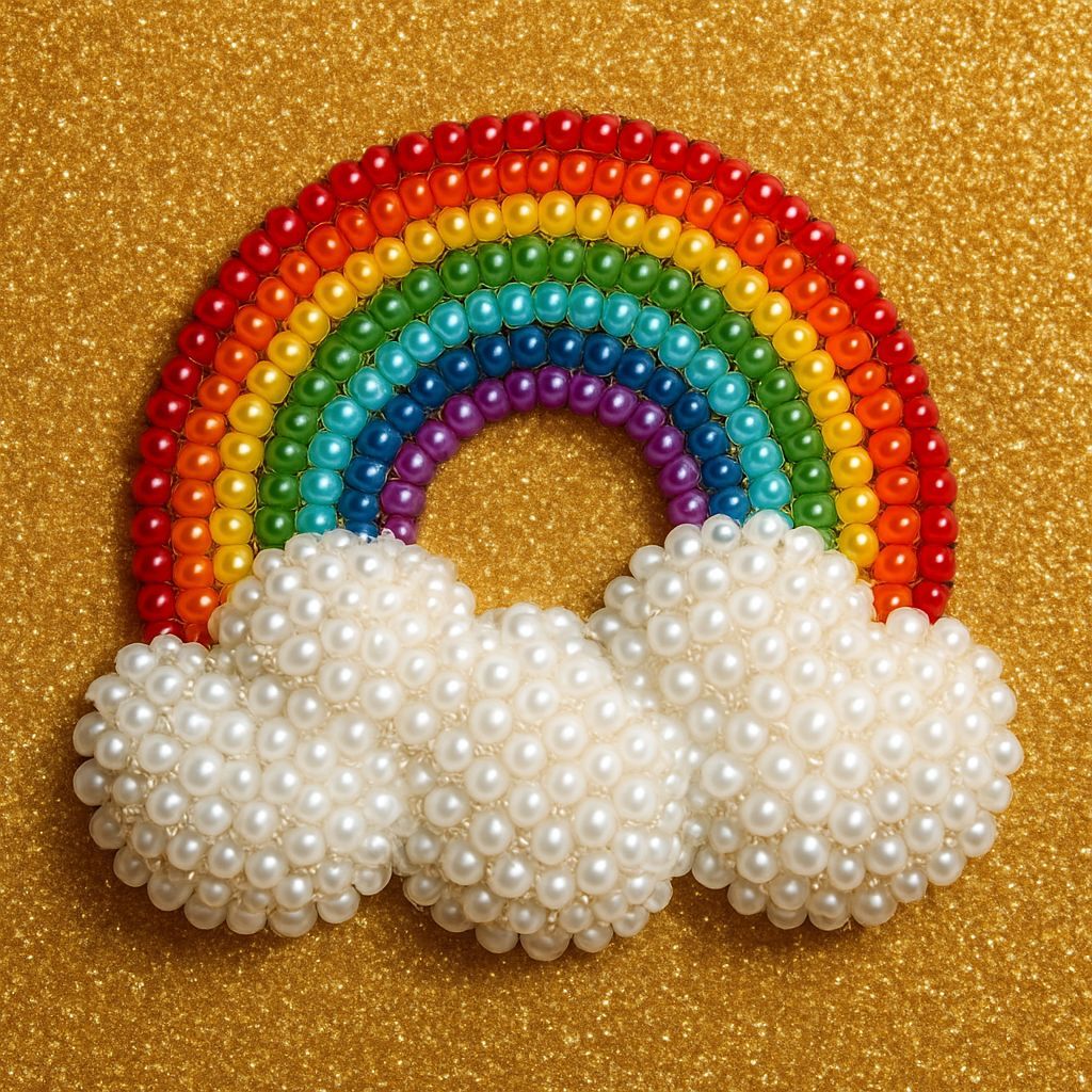 Beaded Rainbow Cloud on Golden Background