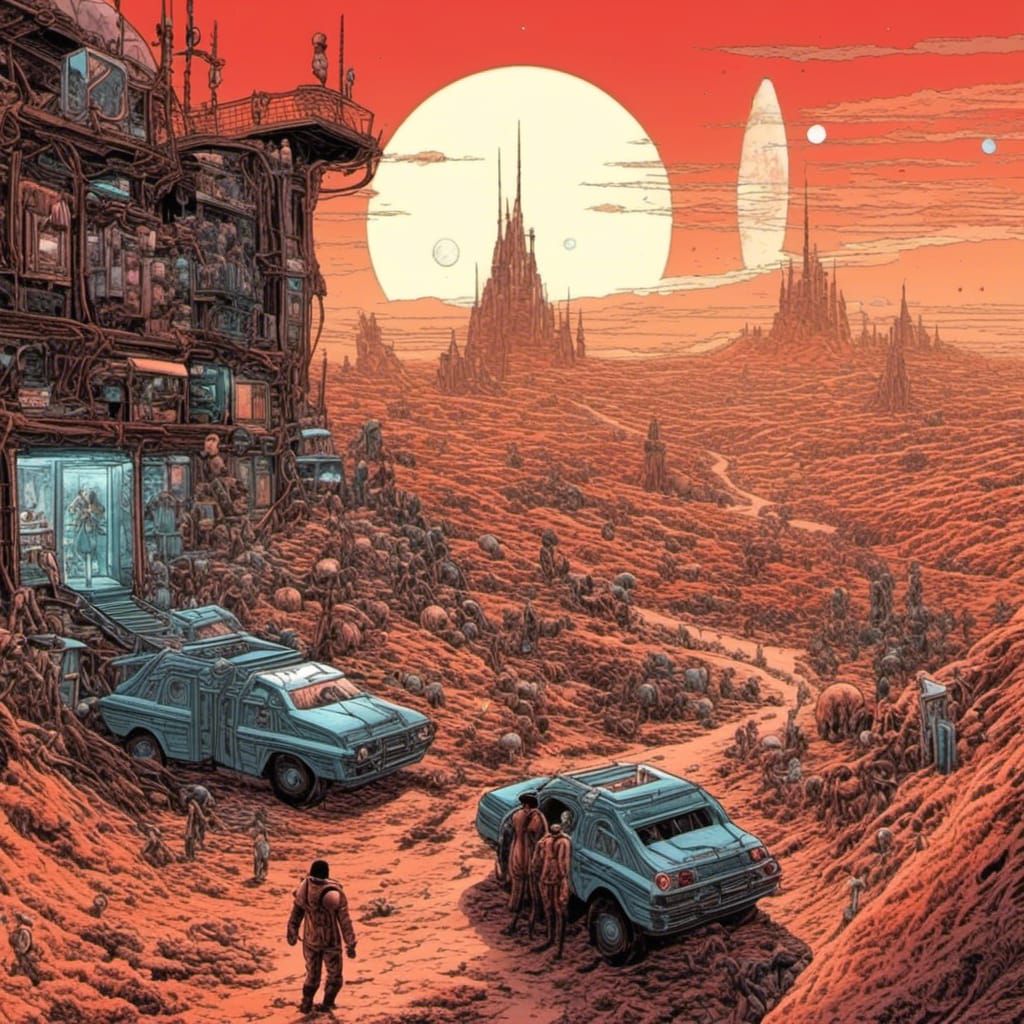 Gas Station on Mars in Comic Book Style