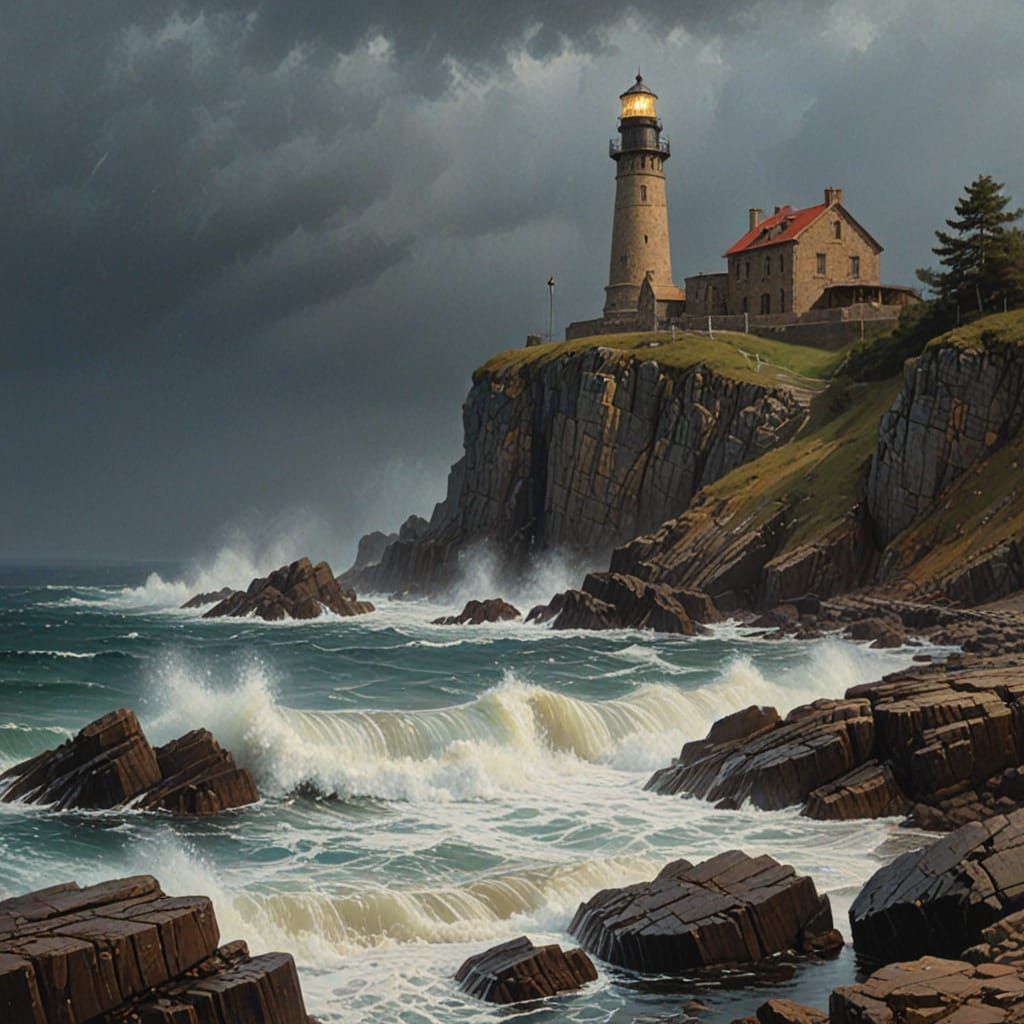 Rabbit Lighthouse on Stormy Coast: Romantic Realism
