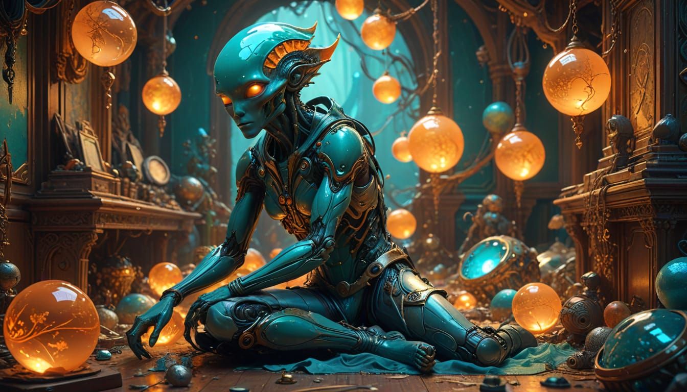 Surreal Still Life with Alien in Shabby-Chic Room