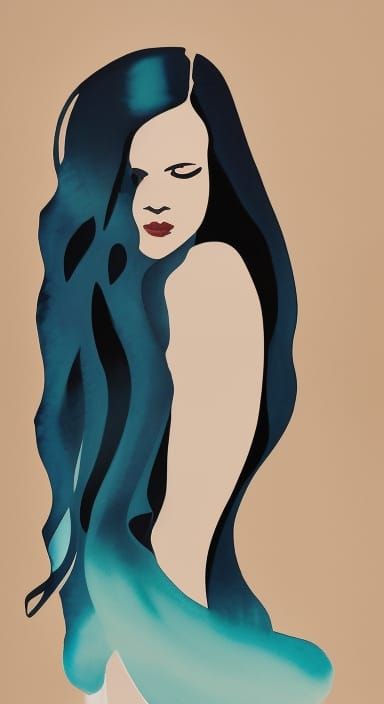 Watercolor Portrait of Woman with Long Dark Hair
