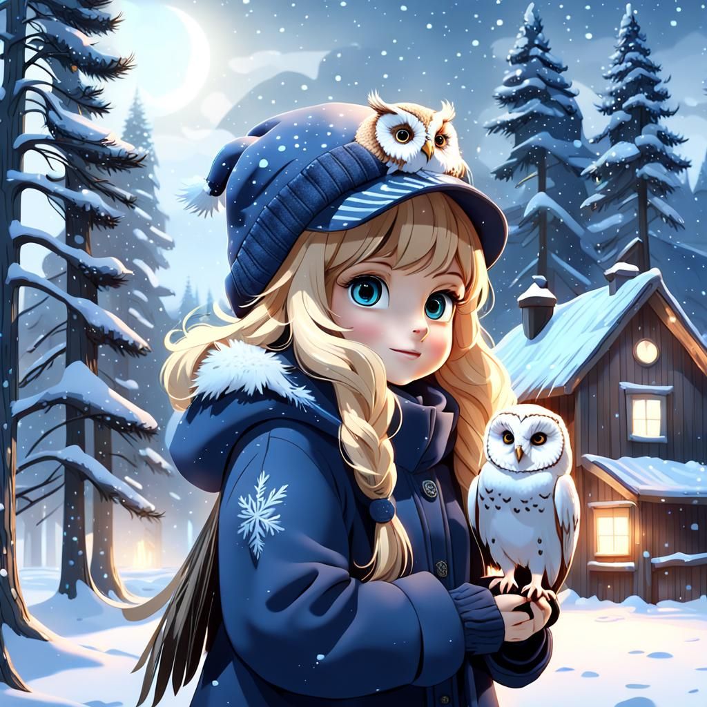 Girl with Baby Owl in Snowy Forest