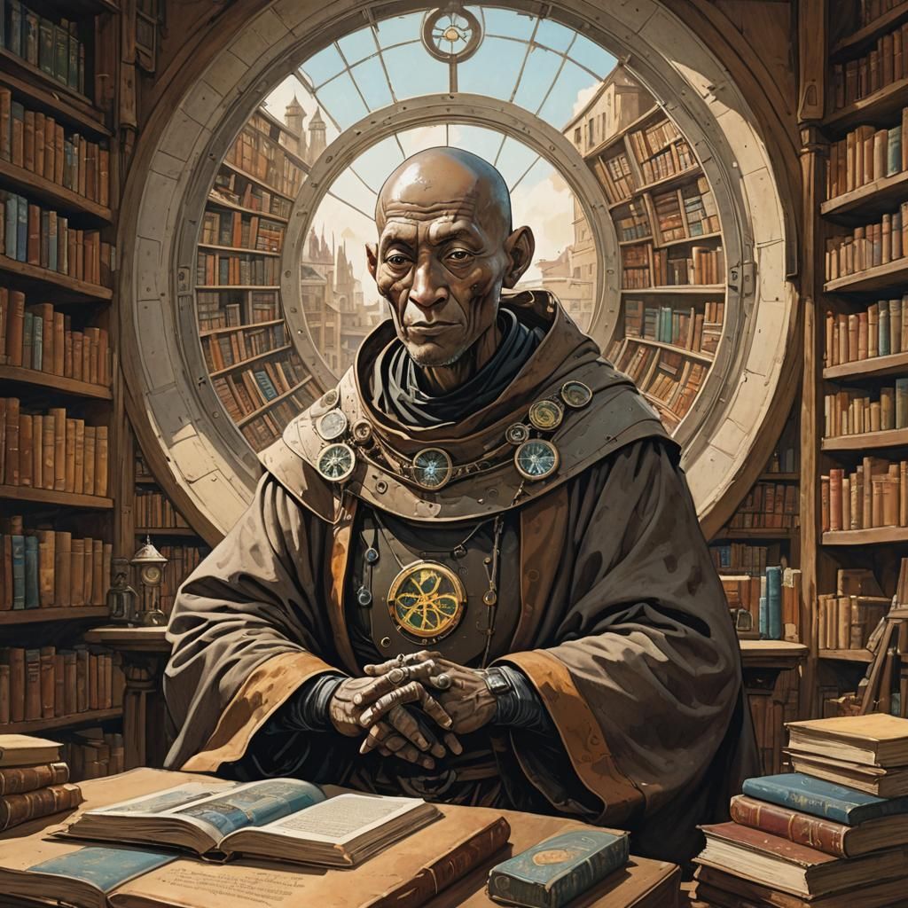 Robot Monk in Solarpunk Library, Pen and Ink