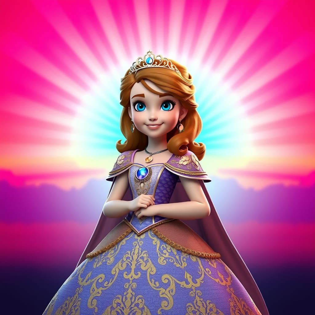 Princess Sofia Stands Confidently in a Vibrant Sunset Landsc...