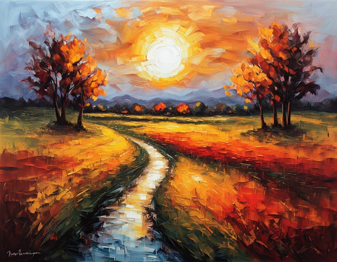 Impressionist Oil Painting of Countryside Sunrise