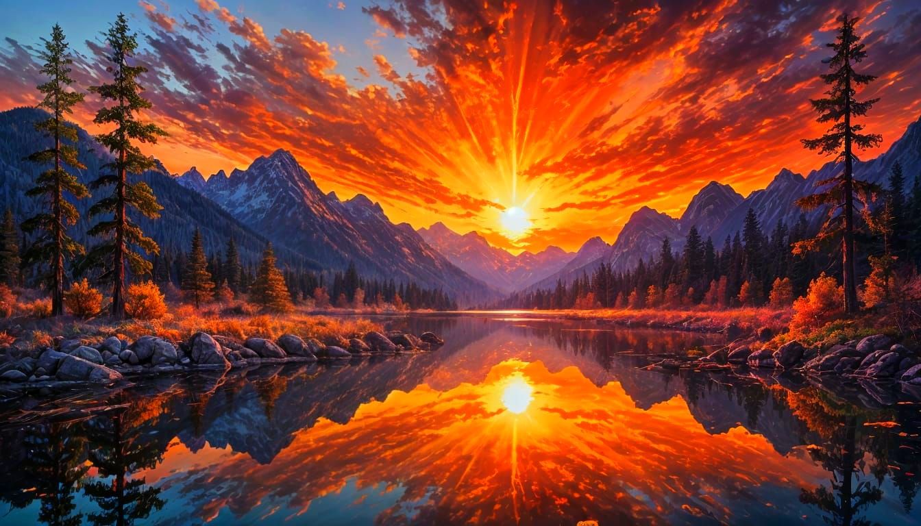 Fiery Sunset Reflected: Impasto Oil Painting