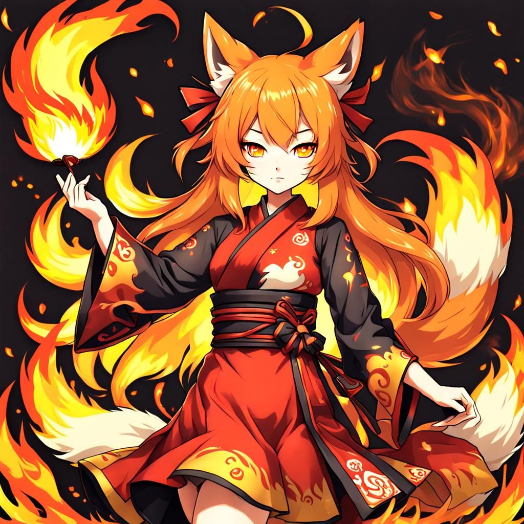 Fiery Kitsune Girl in Anime Style
