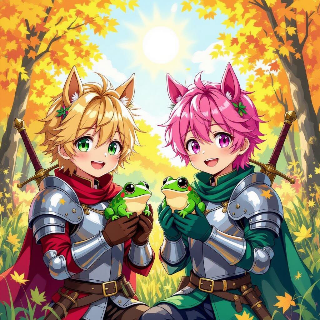 Anime Boys with Horse Ears and Frogs in Medieval Style
