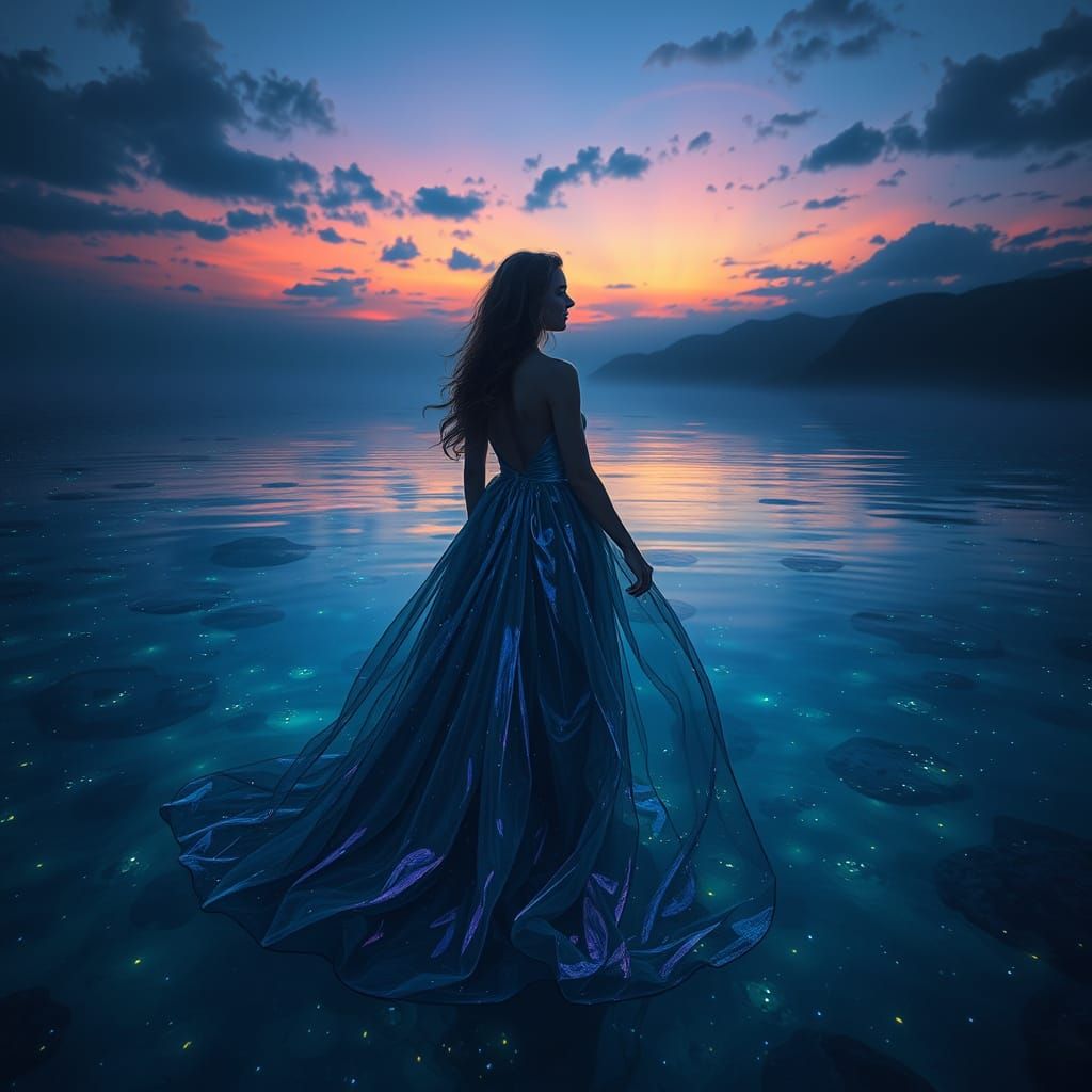 Woman in Mystical Lagoon Under Twilight Sky