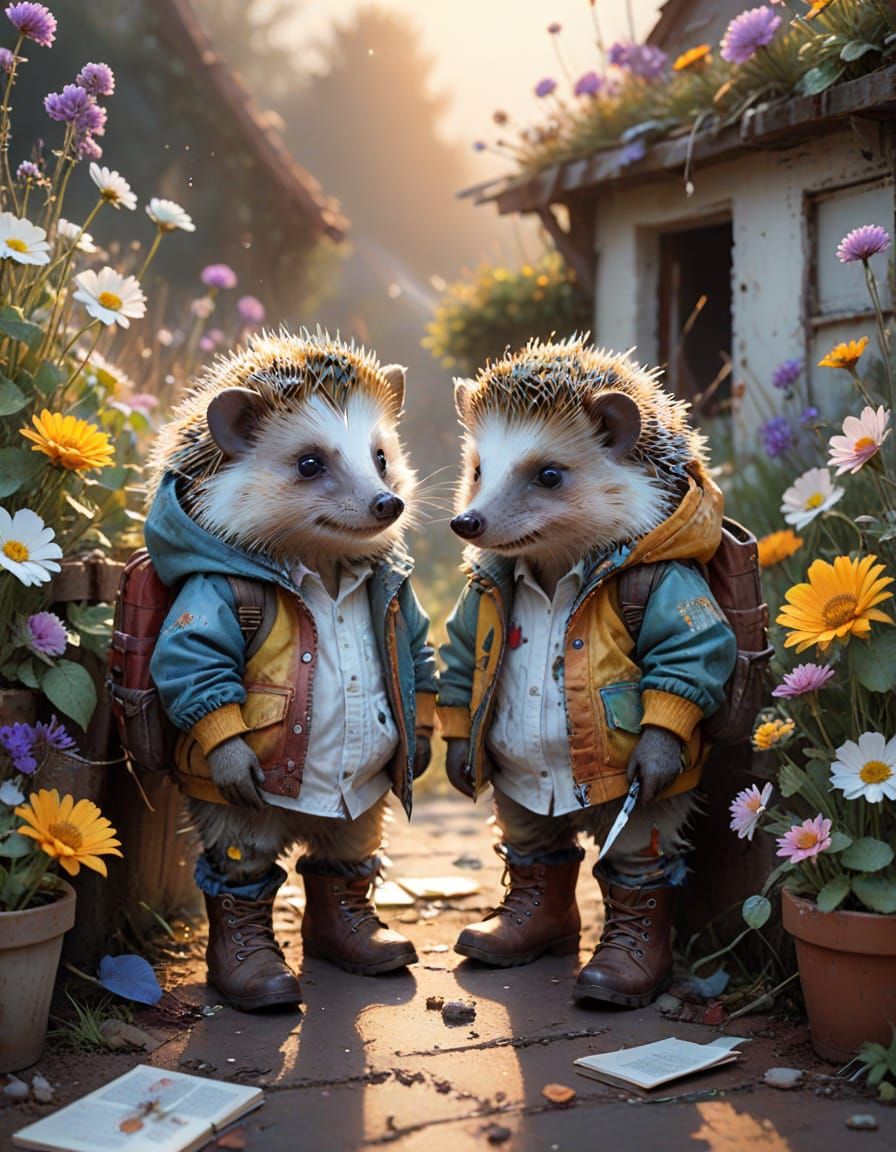 Hedgehogs in Patchwork Jackets, Watercolor Style