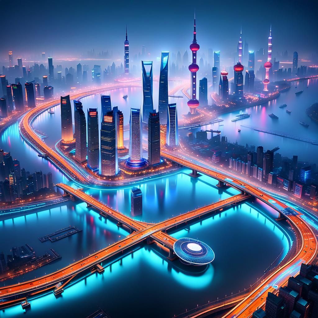 Futuristic Shanghai Cityscape at Dusk in Cyberpunk Style
