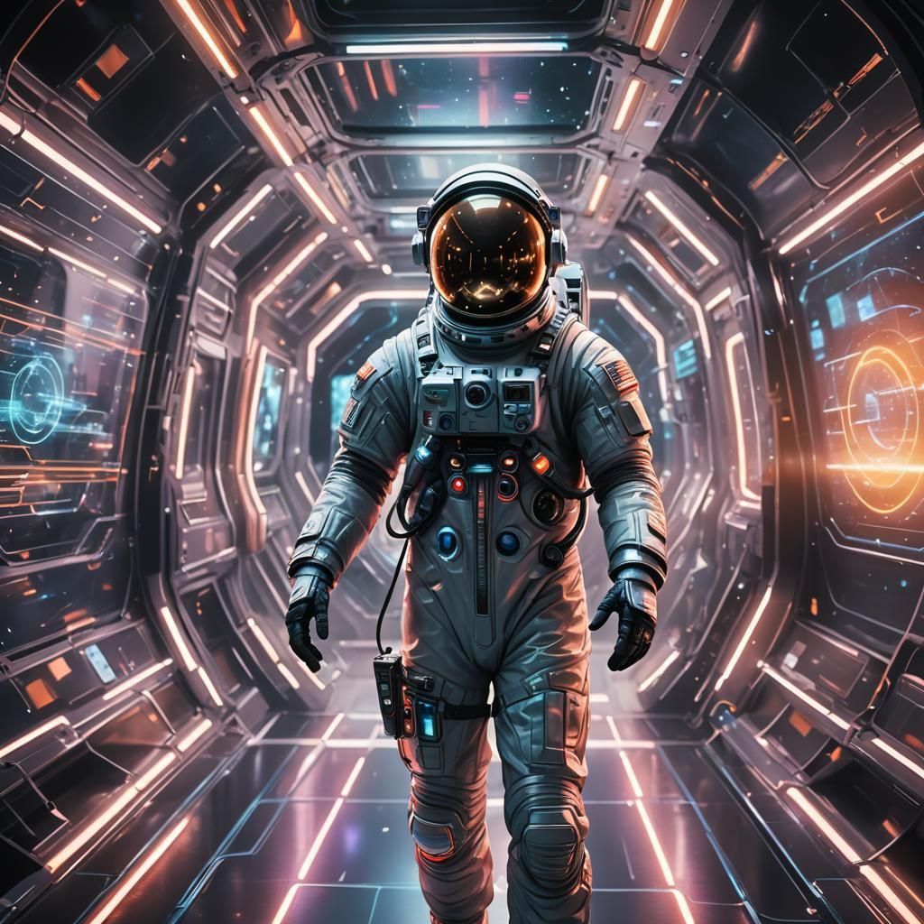 Astronaut Interacts with Holographic Projections in Futurist...
