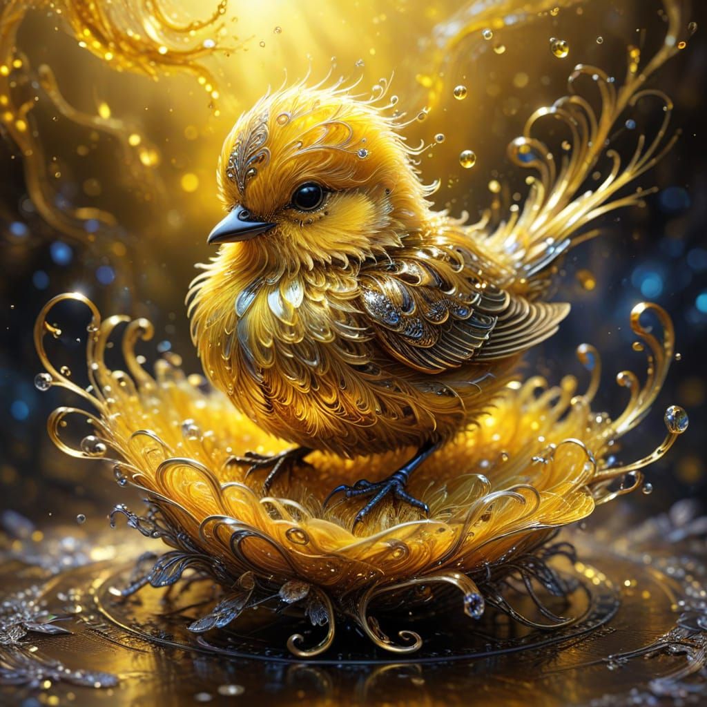 Adorable Fluffy Baby Bird Made of Liquid Metal