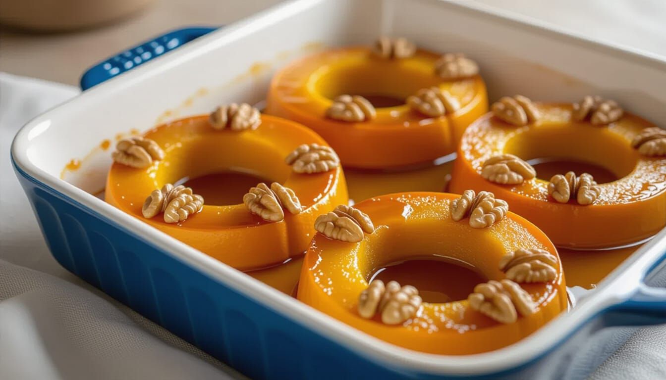 Baked Pumpkin Rings with Walnuts and Honey in Ceramic Dish