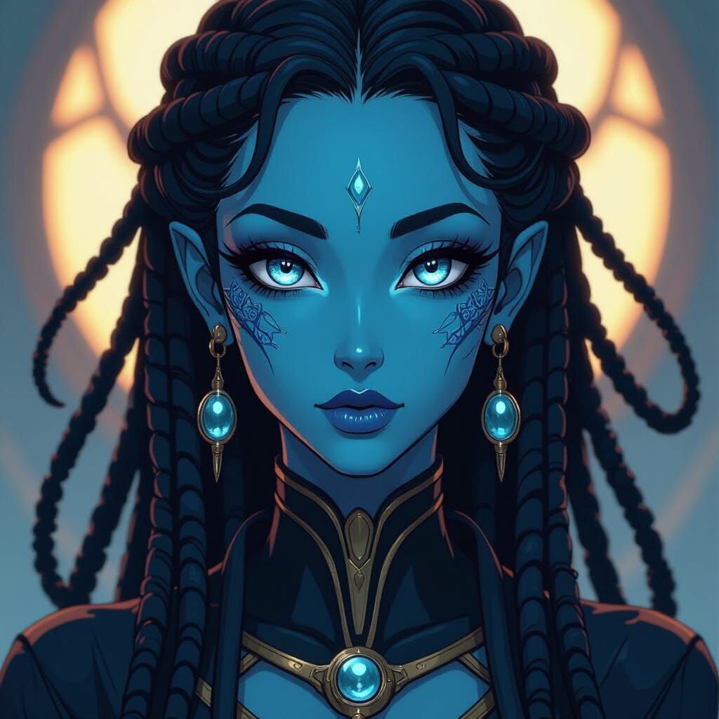 Blue Alien Priestess with Reptile Features and Chrome Eyes