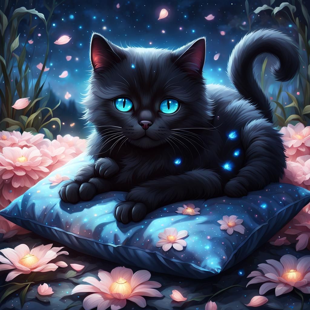 Sad Black Cat in Magical Garden: Hyper-Realistic Digital Art