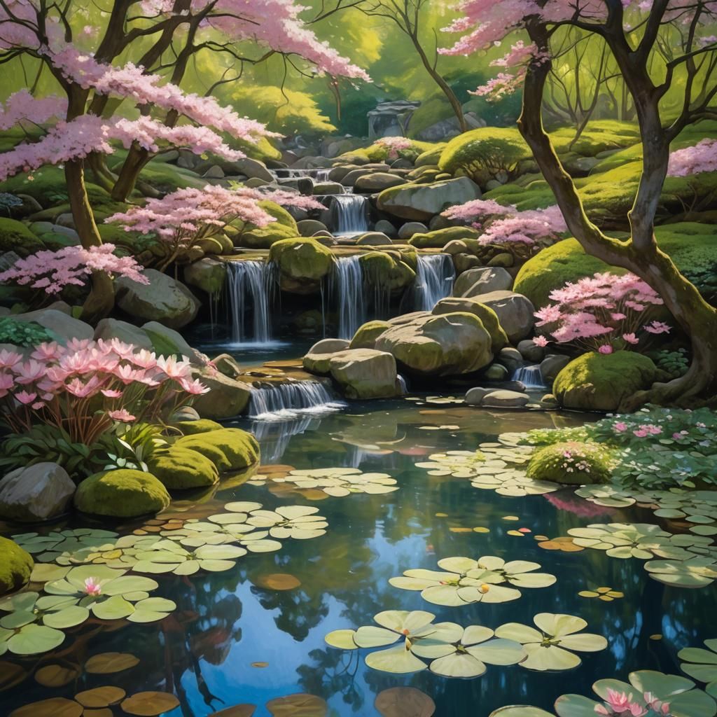 Waterfall Scene with Lilies in Impressionist Style