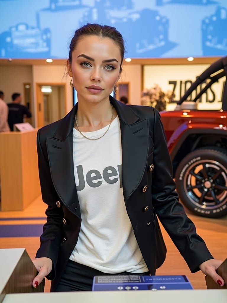 Romanian Supermodel at Geneva Motor Show in High Fashion Sty...