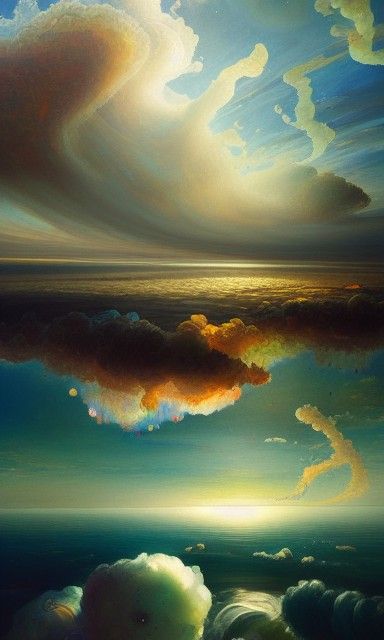 Blown-Glass Clouds over Liquid Ocean, Detailed Oil Painting