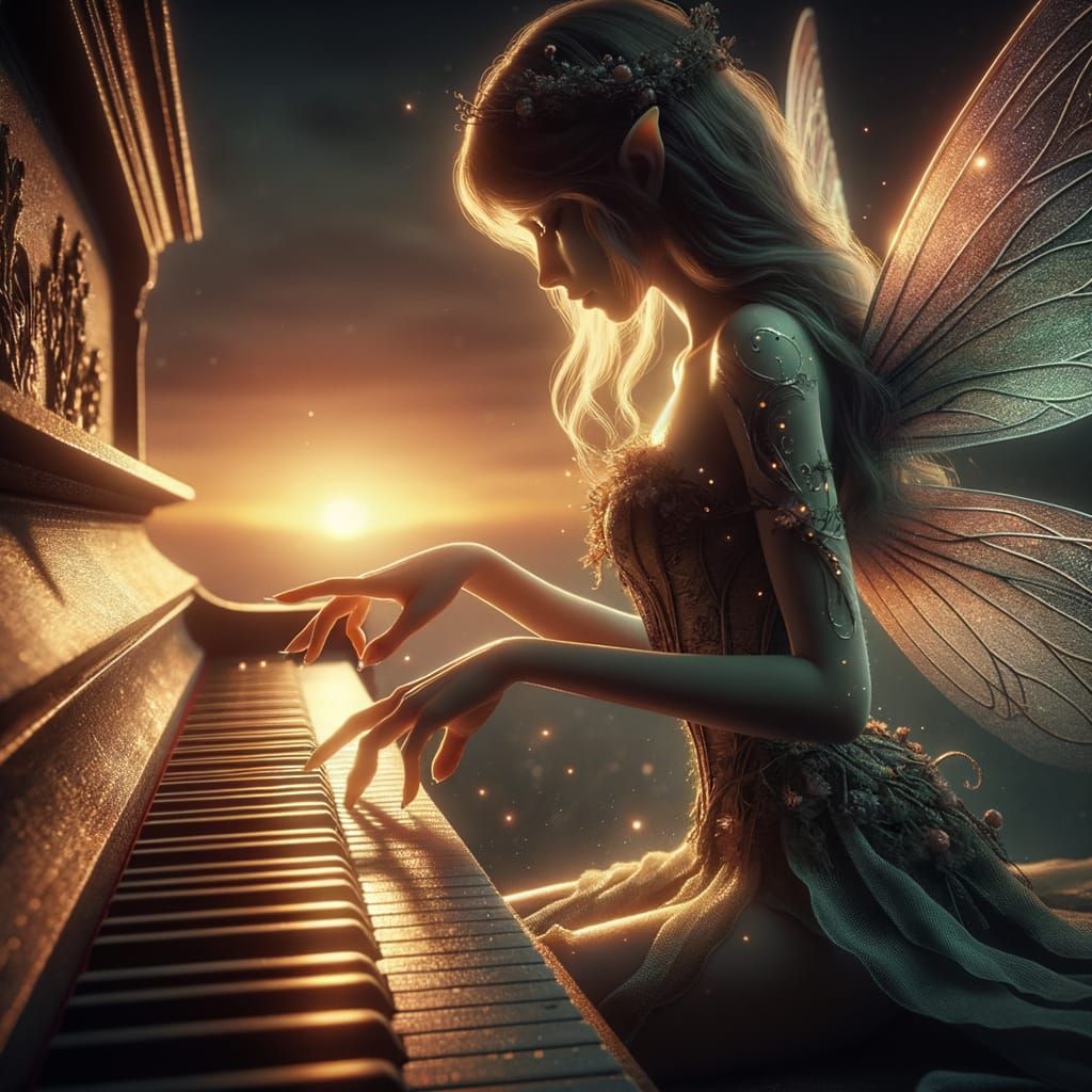 Ethereal Fairy Plays Piano Under Sunset