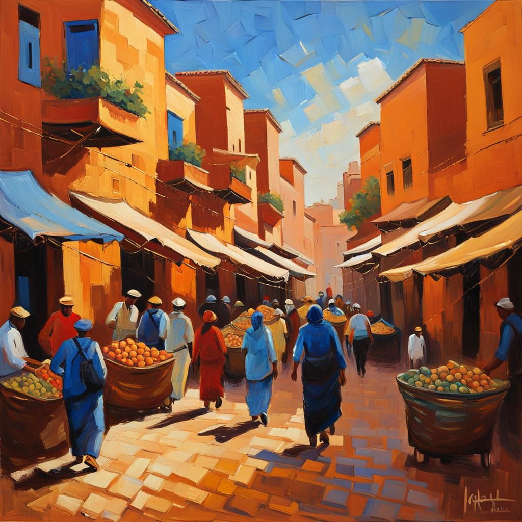 Marrakech Street Scene in Neo-Impressionist Style