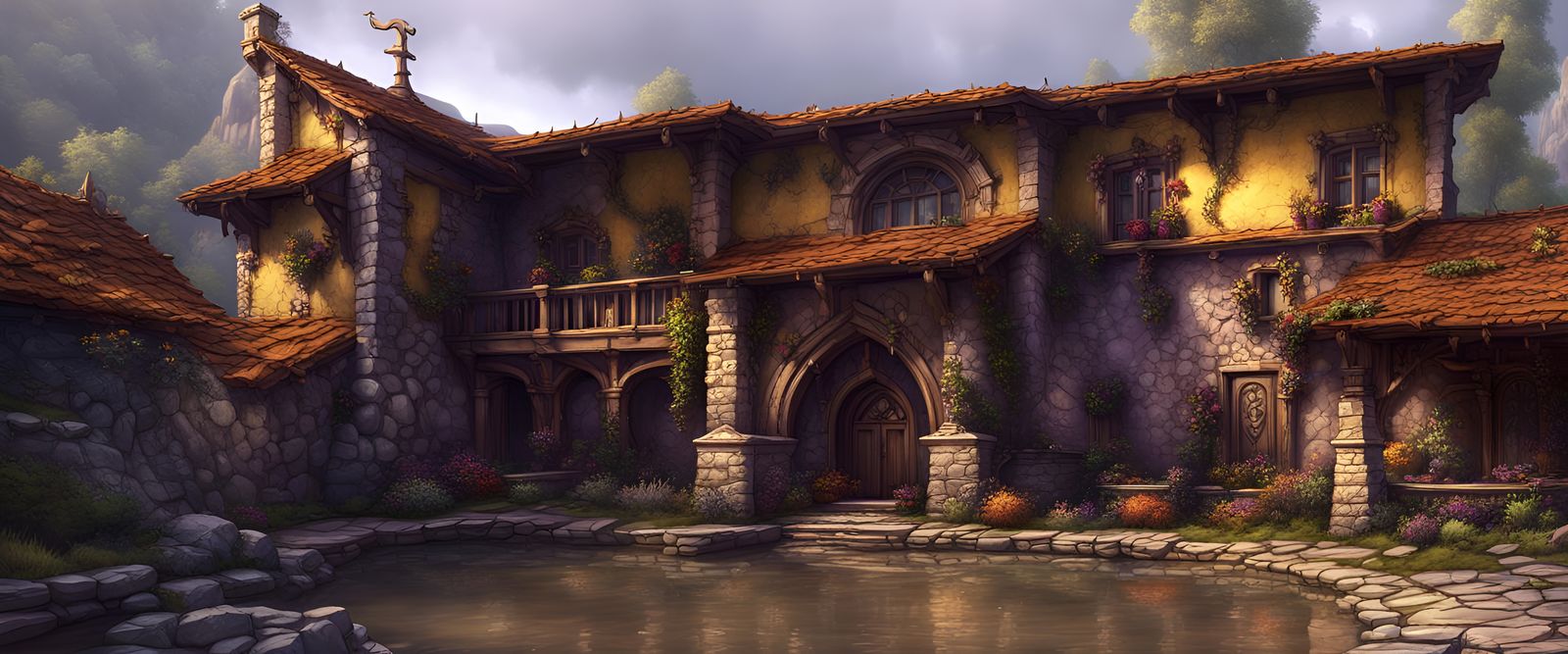 Rainy Stone Inn: Dark Fantasy Concept Art