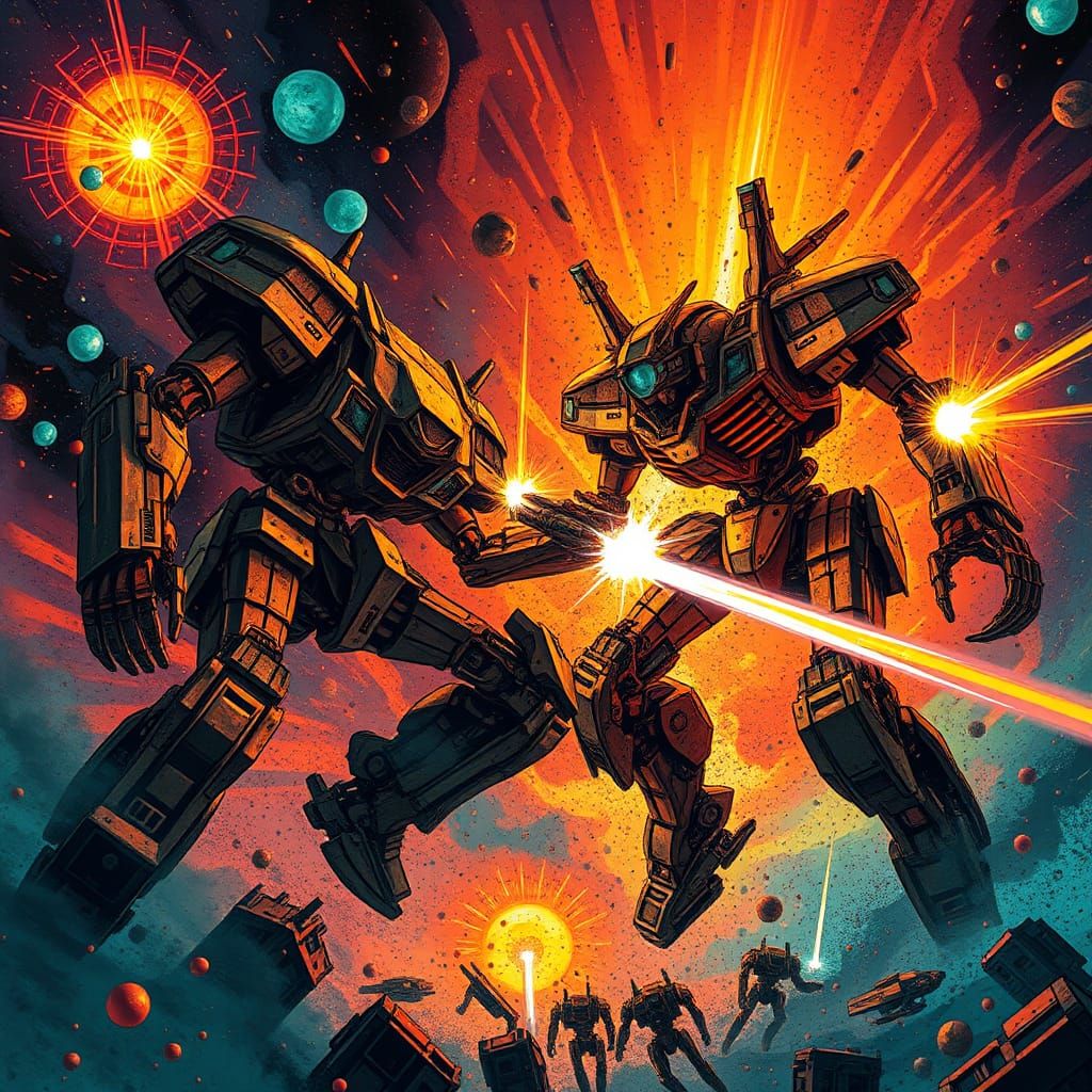 Mecha Clash in Cosmic Battlefield: Dreamlike Illustration