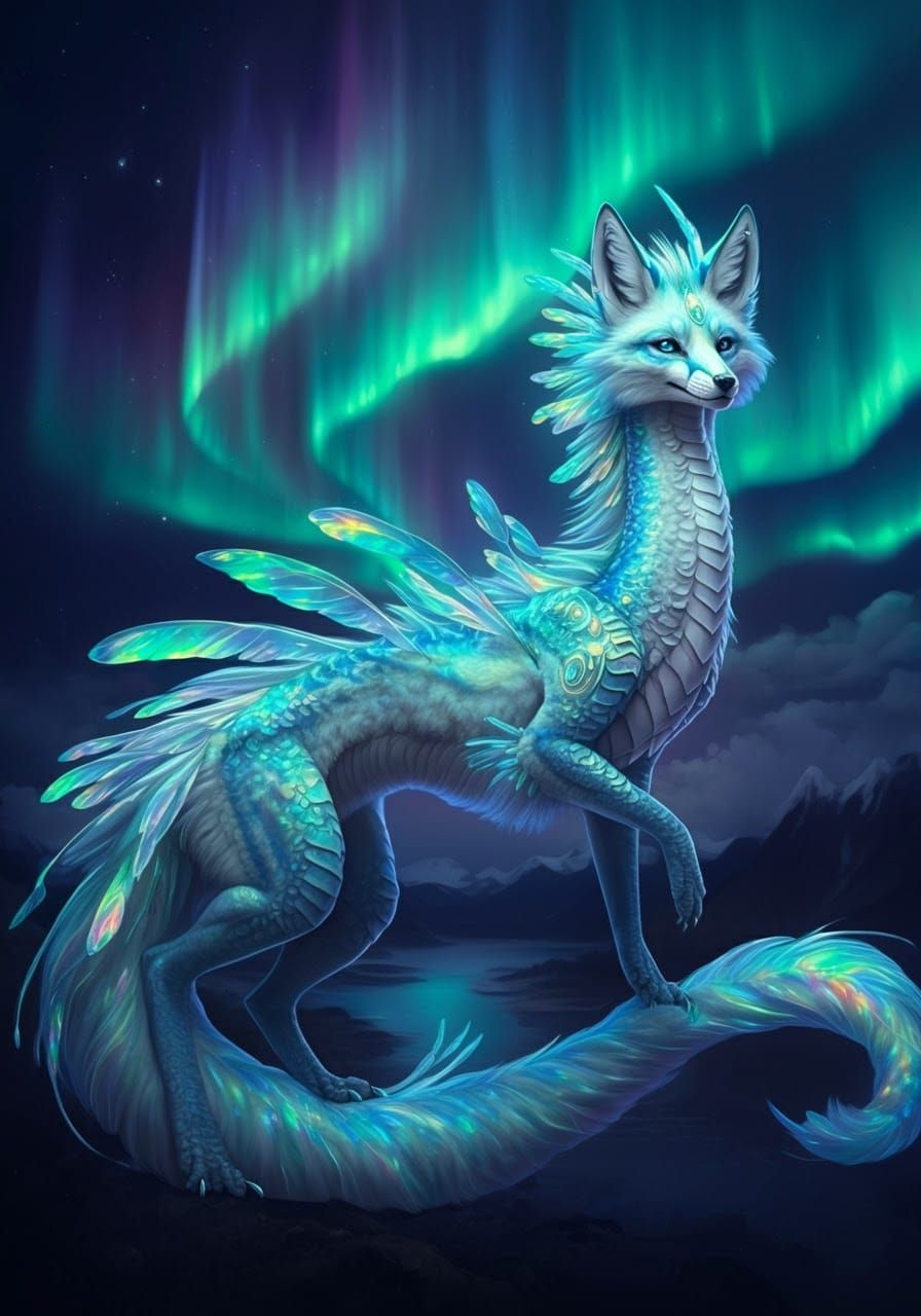 Ethereal Aurora Dragon-Fox in Surreal Landscape