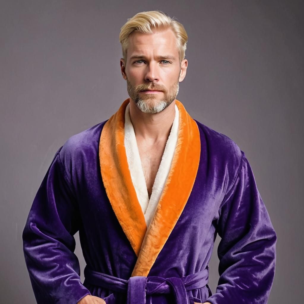 Handsome Blond Man in Purple Velvet Bathrobe