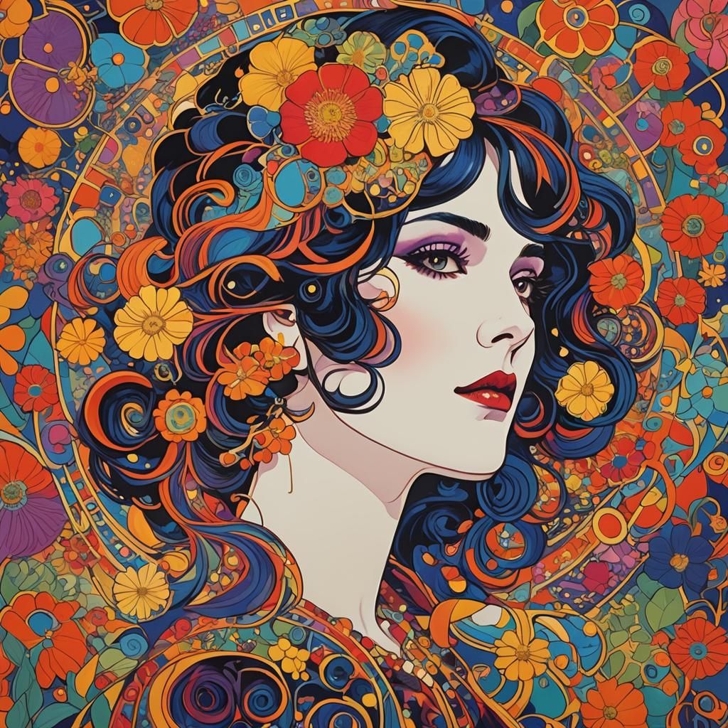 Vibrant Pop Explosion meets Art Nouveau, funky woman, Warhol, Klimt