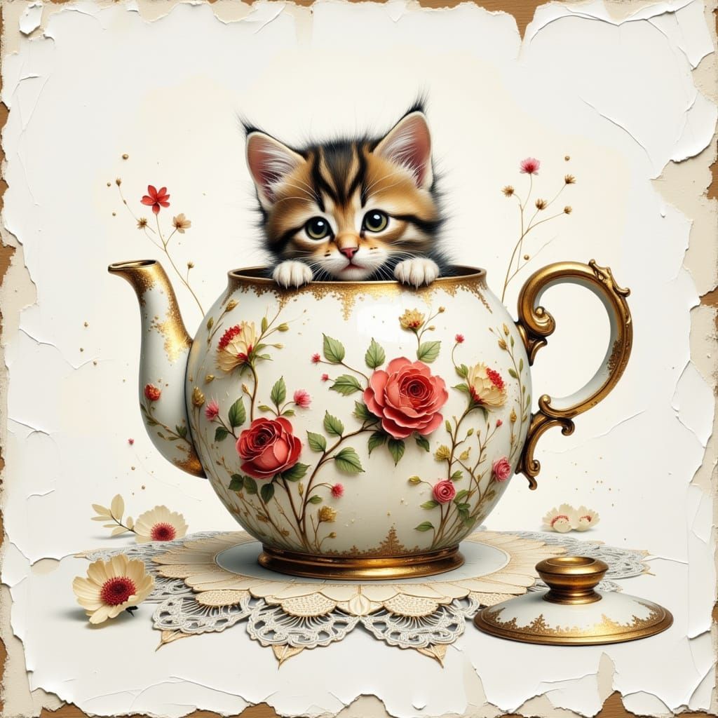 Fluffy Kitten Peeking From Floral Teapot
