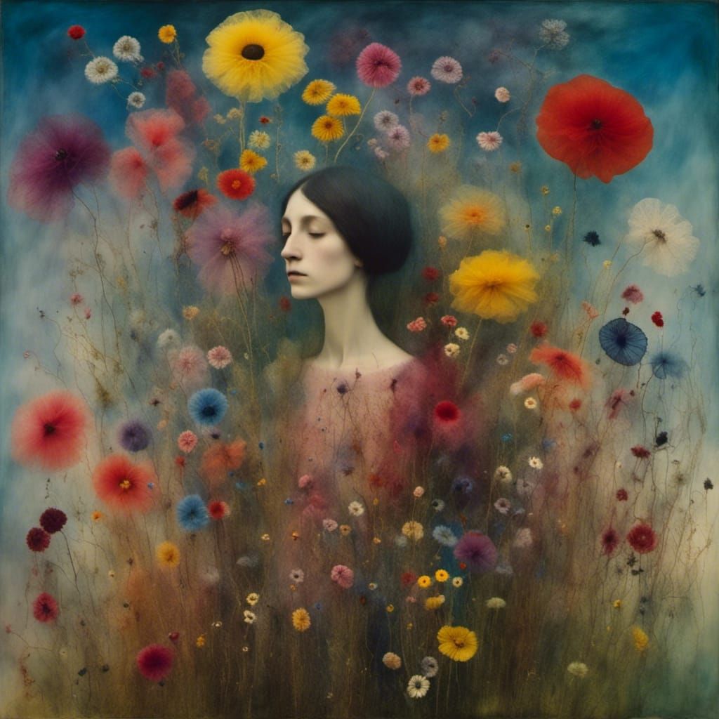 Surreal Woman Camouflaged Behind Flowers