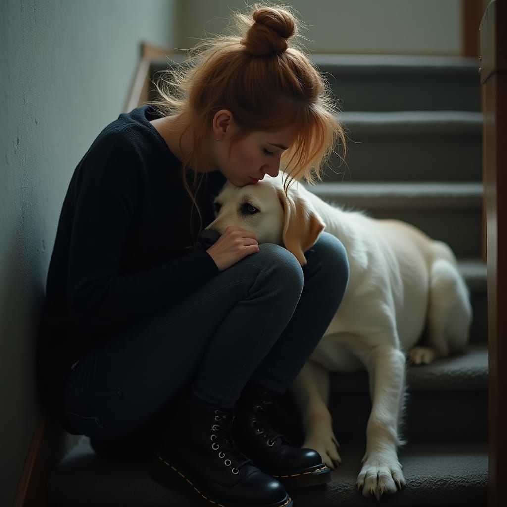 Sad Woman with Ghostly Dog on Stairs