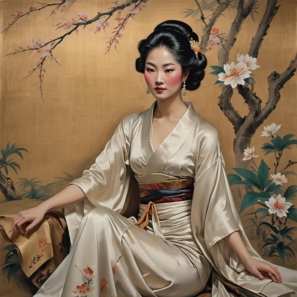 A dignified East Asian woman gracefully disrobing, clothed in elegant attire that hints at sensuality, as she unveils a ...